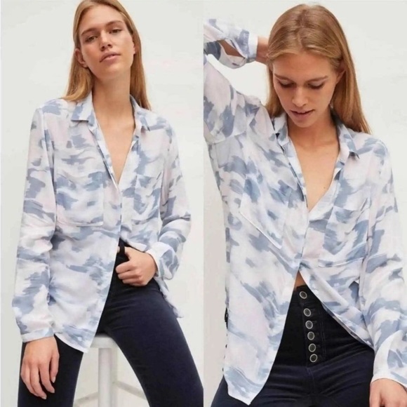 Anthropologie Cloth & Stone Blue Pink Watercolor Print Button Down Shirt Medium - Picture 2 of 15